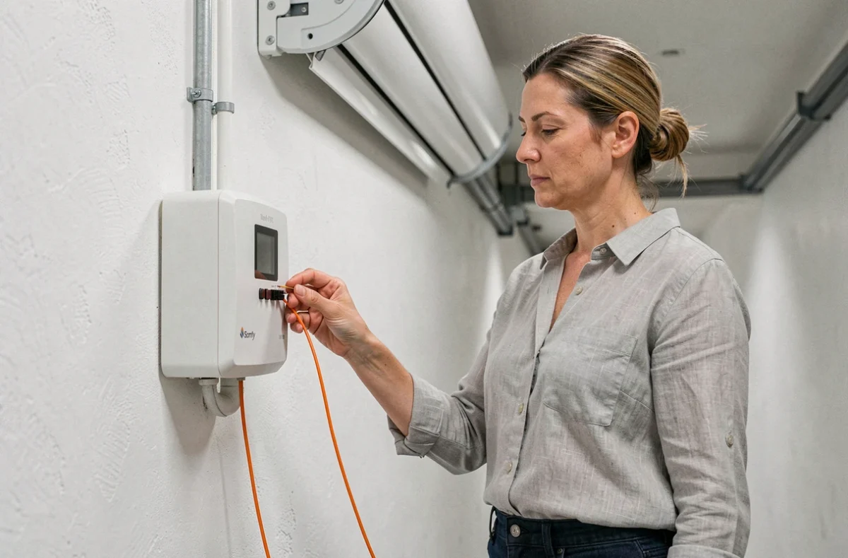 Femme effectuant le câblage de programmation d'un moteur de volet roulant Somfy RTS dans un couloir technique avec tableau de commande mural