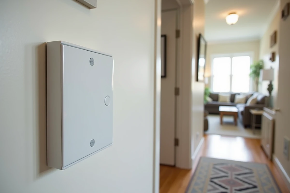 Cache compteur électrique en MDF blanc posé de travers dans une entrée décorée avec des erreurs d'installation visibles