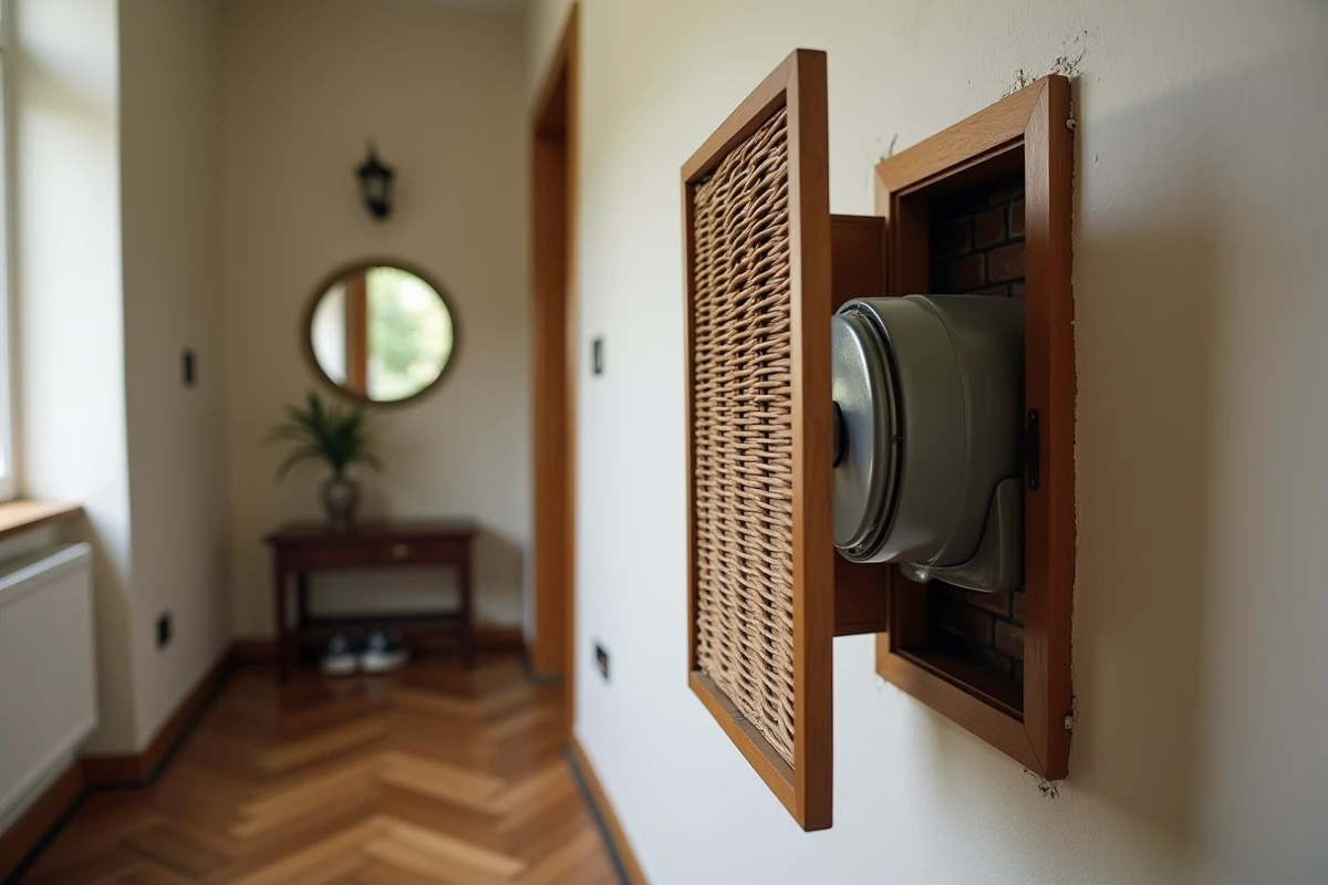 Panneau en osier utilisé comme cache compteur électrique mal fixé dans une entrée avec parquet en point de Hongrie