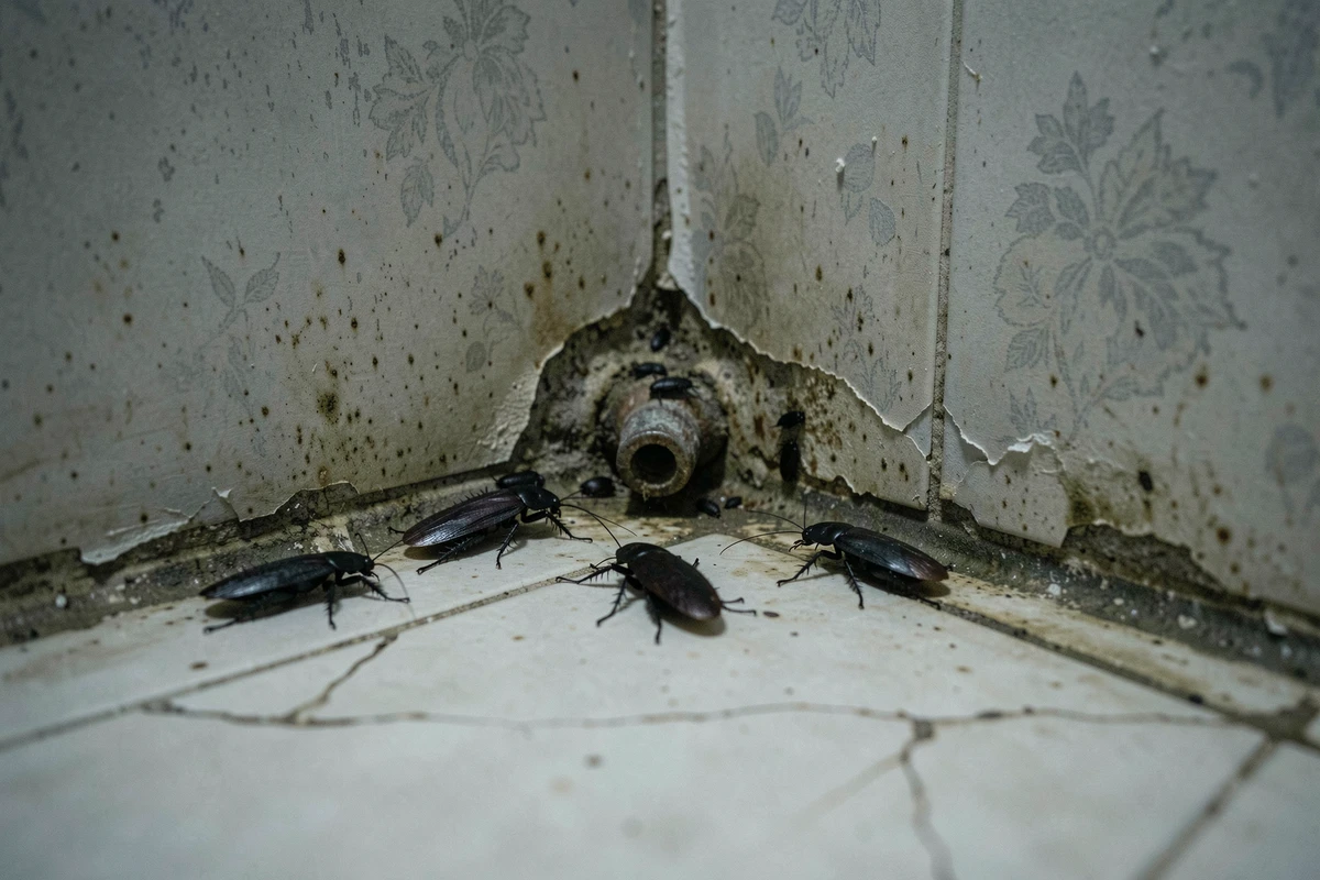 Cafards et coléoptères noirs dans un coin humide de salle de bain sur du carrelage vieilli et des joints tachés