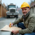 Ingénieur de chantier calculant le volume de béton en m3 sur un plan papier devant une dalle fraîchement coulée