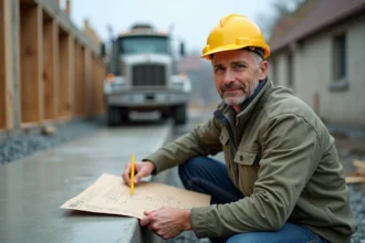 Ingénieur de chantier calculant le volume de béton en m3 sur un plan papier devant une dalle fraîchement coulée