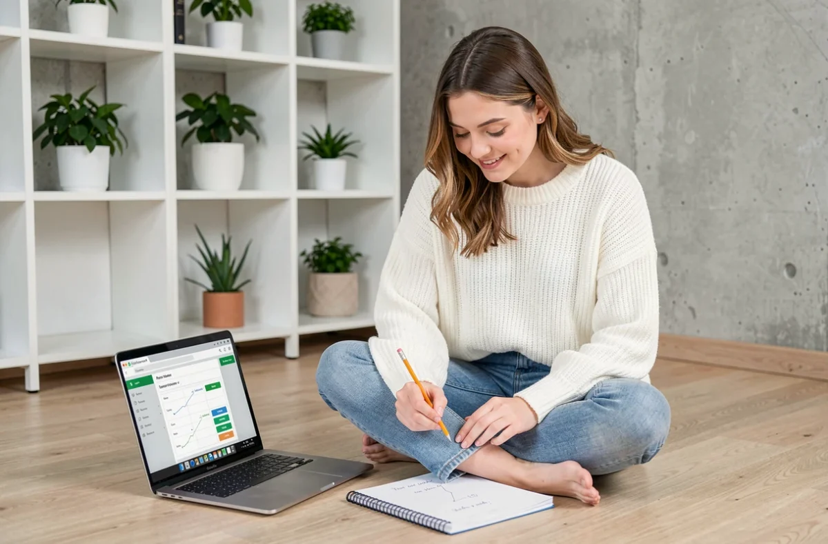 Jeune femme calculant le volume d'une pièce avec un outil en ligne sur ordinateur portable et un carnet de notes