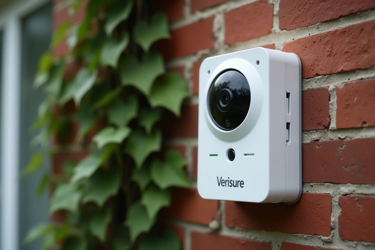 Sirène extérieure et caméra de télésurveillance installées sur la façade en briques d'une maison résidentielle