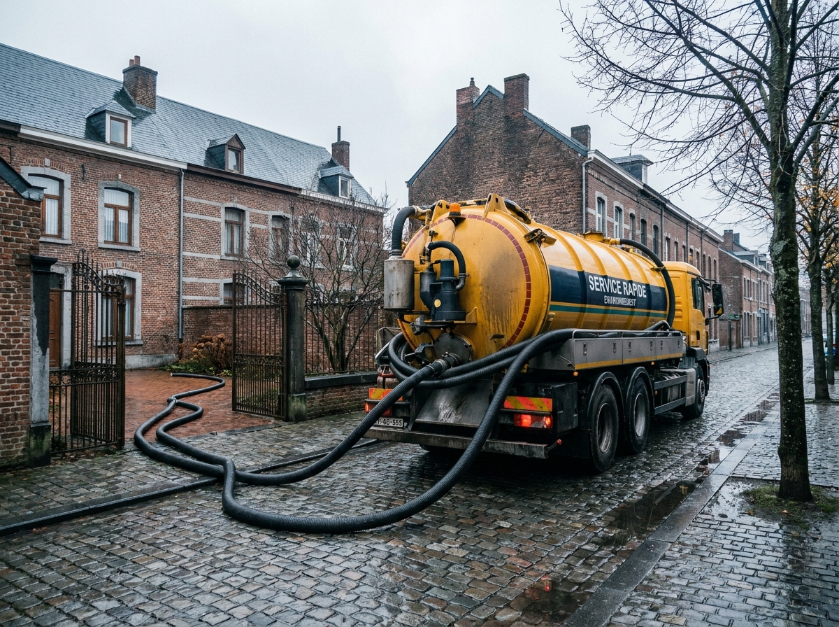Camion de vidange de fosse septique garé dans une rue pavée résidentielle à Mons par temps couvert