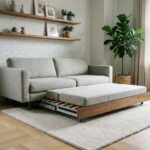 Canapé convertible gris clair déplié dans un salon moderne au style scandinave avec parquet en chêne et étagères en bois