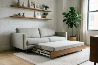 Canapé convertible gris clair déplié dans un salon moderne au style scandinave avec parquet en chêne et étagères en bois