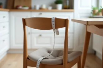Chaise standard en bois naturel avec mètre ruban sur l'assise dans une cuisine scandinave moderne