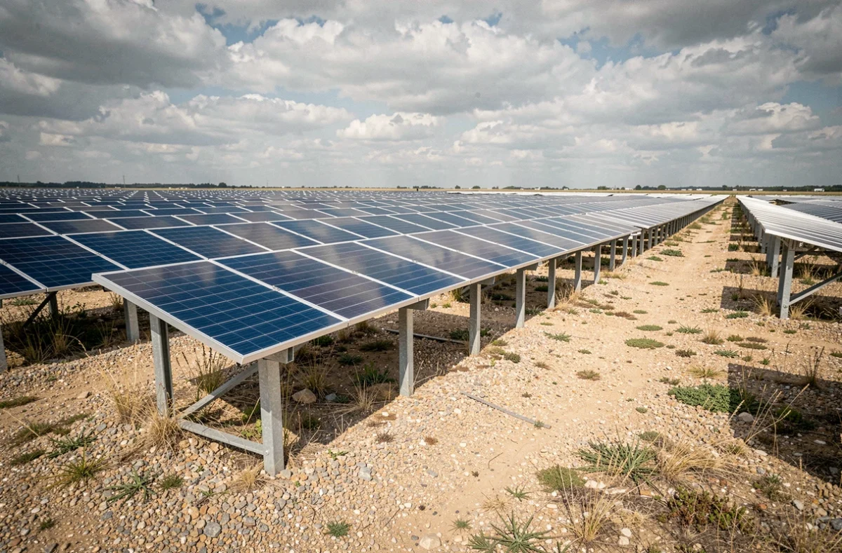 Rangées de panneaux solaires polycristallins sur structure métallique dans un champ en installation au sol