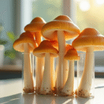 Champignons chanterelles dans des tubes sur un plan de travail lumineux