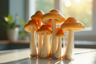 Champignons chanterelles dans des tubes sur un plan de travail lumineux