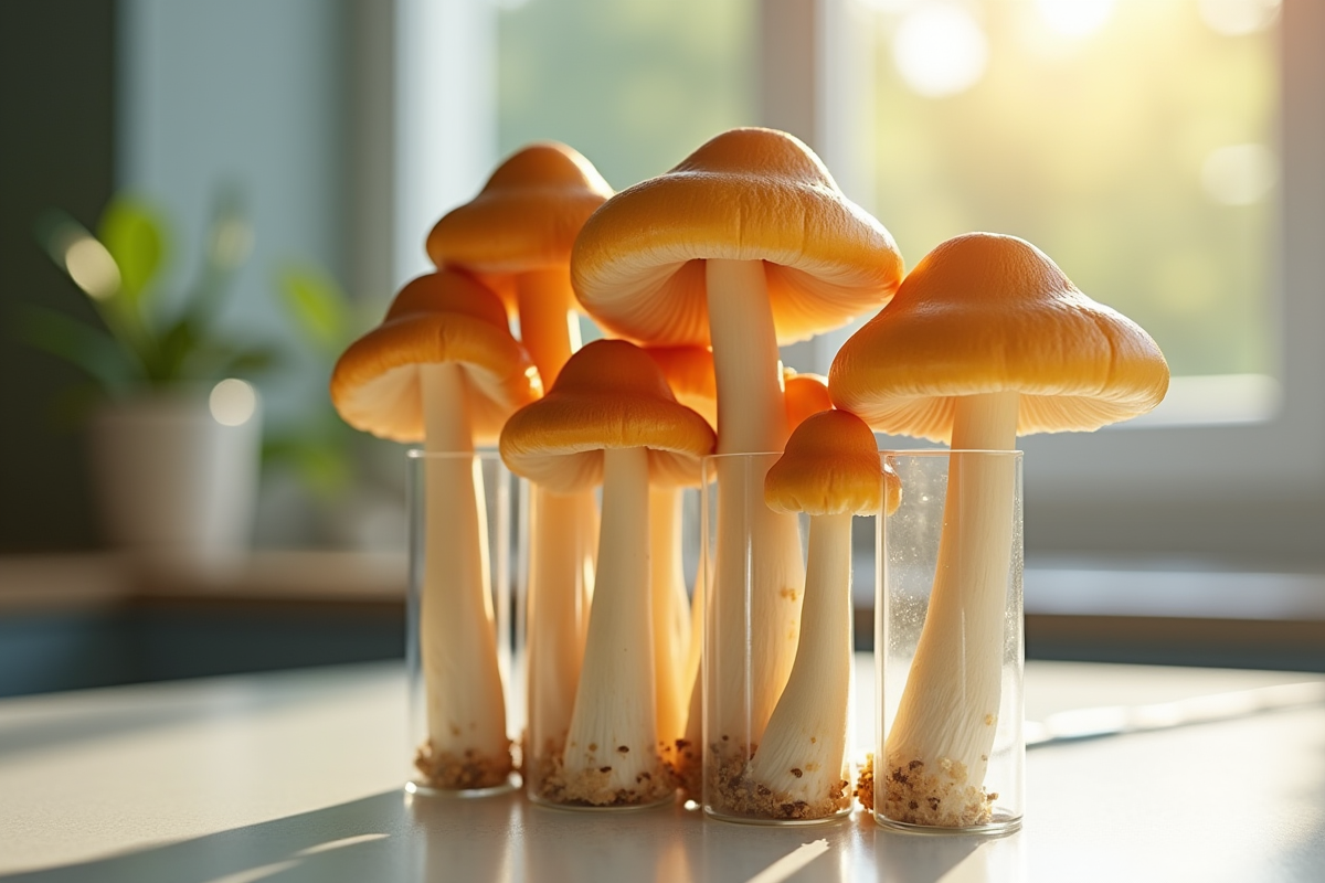 Champignons chanterelles dans des tubes sur un plan de travail lumineux