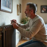 Homme ajustant un radiateur en fonte dans un salon lumineux