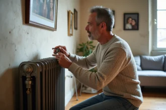 Homme ajustant un radiateur en fonte dans un salon lumineux