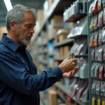 Homme comparant différentes chevilles murales dans un rayon de quincaillerie