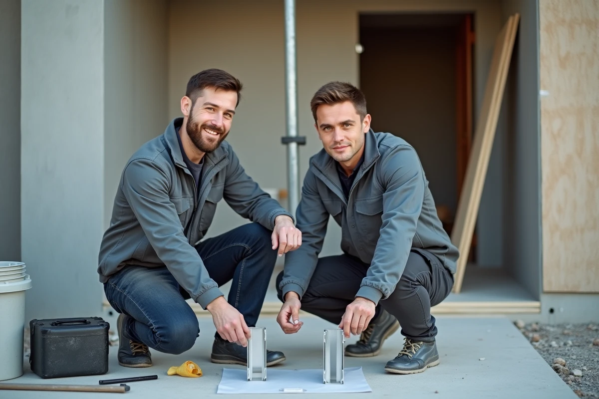 Artisan comparant deux profils de cornière aluminium avant la pose sur chantier extérieur