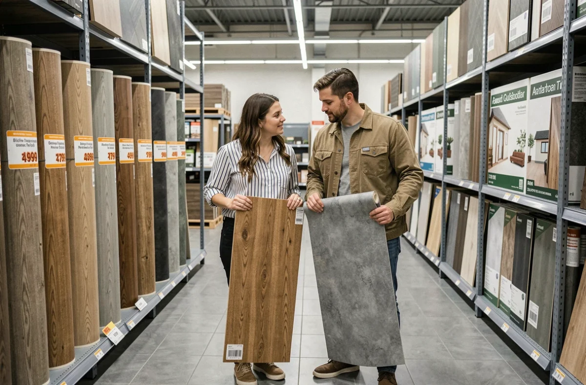 Couple comparant des rouleaux de linoleum pas cher en magasin de bricolage pour rénovation