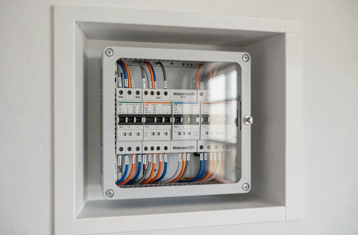 Gros plan sur un coffret GTL résidentiel avec câblage structuré organisé et prises RJ45 installées