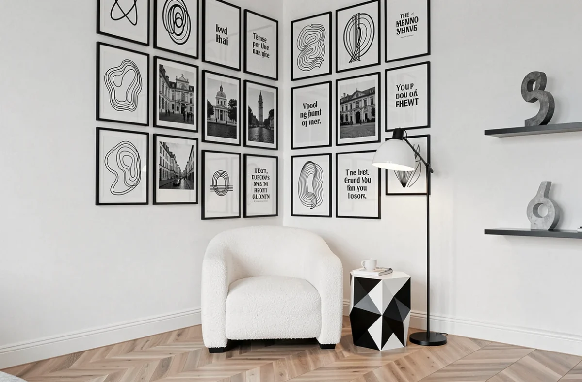 Coin salon contemporain avec galerie murale en grille d'affiches encadrées noir et blanc, fauteuil bouclé blanc et parquet en chevron