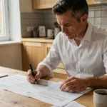 Homme comparant plusieurs devis d'artisans sur une table en bois dans une cuisine moderne