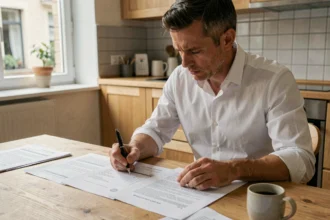 Homme comparant plusieurs devis d'artisans sur une table en bois dans une cuisine moderne