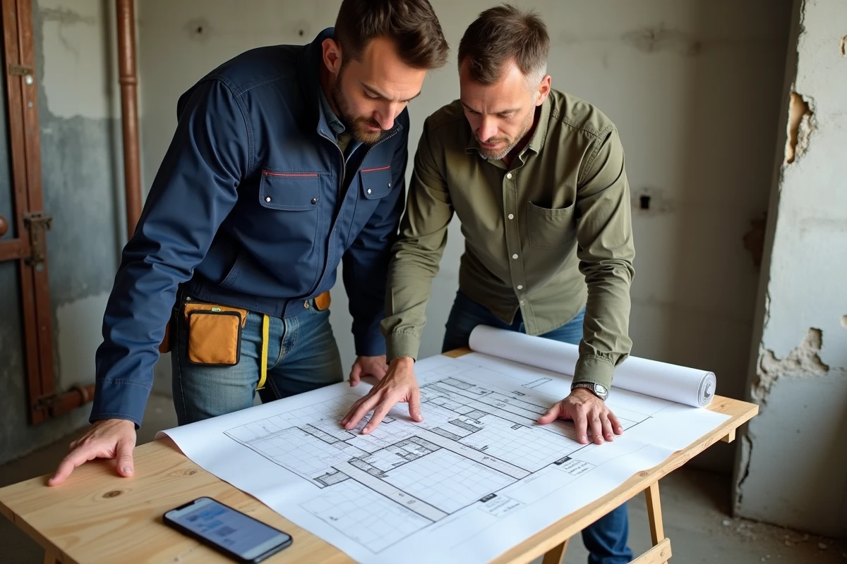 Entrepreneur et propriétaire comparant des devis de rénovation sur smartphone devant des plans architecturaux dans une salle de bain en chantier
