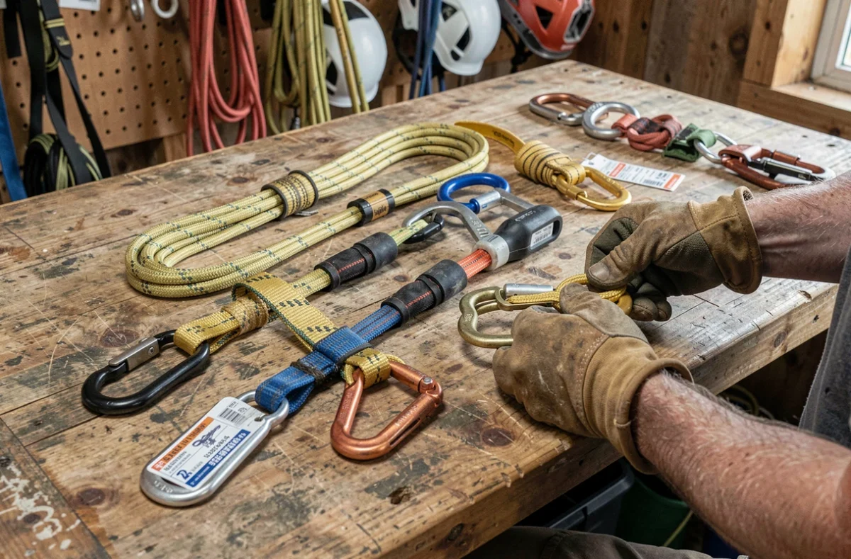 Comparaison de plusieurs types de longes d'élagueur disposées sur un établi en bois dans un atelier