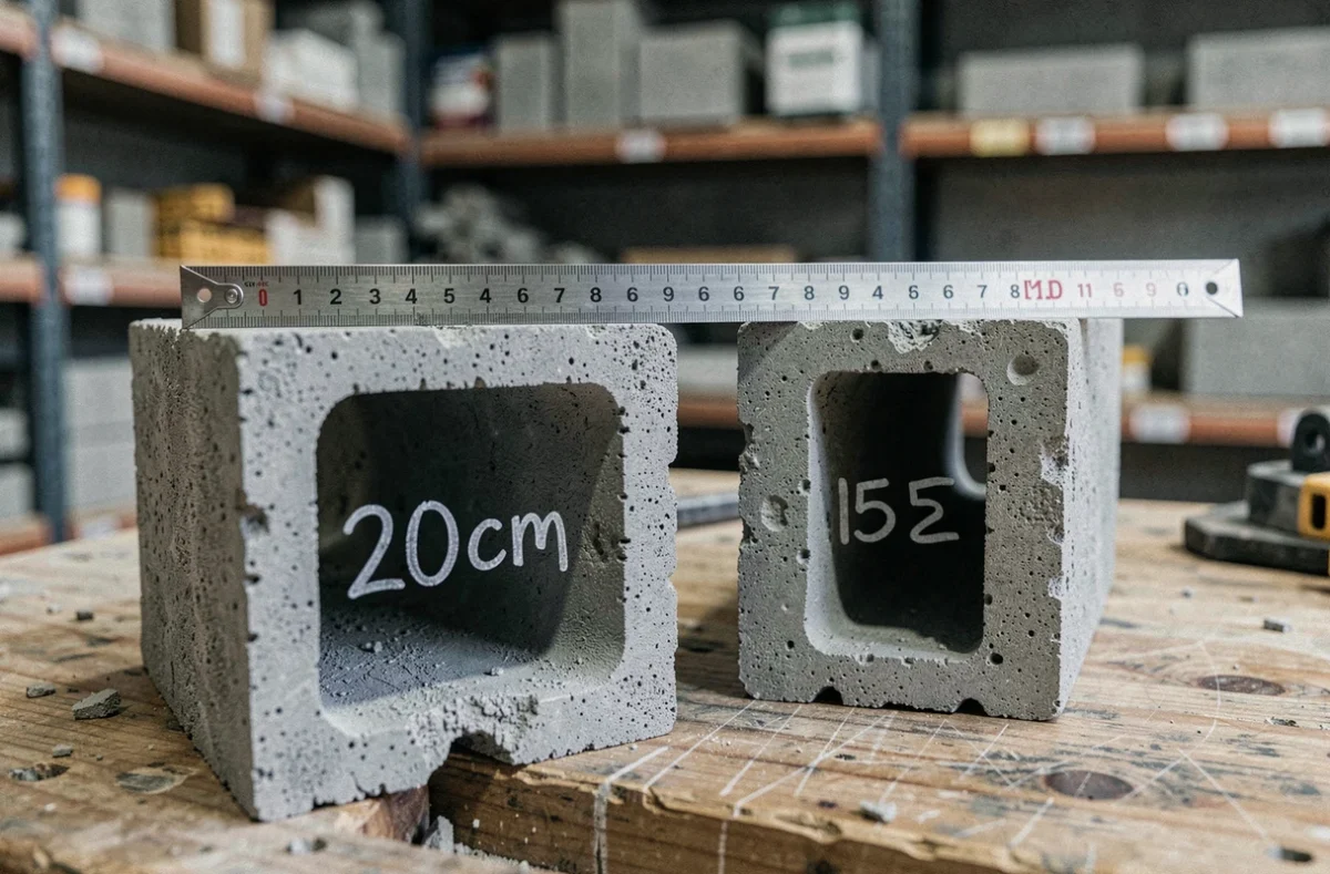 Comparaison entre un parpaing de 20 cm et un parpaing de 15 cm posés côte à côte avec une règle de mesure