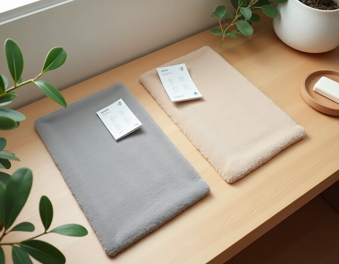 Comparatif de deux tapis de bain en diatomite côte à côte avec fiches d'avis sur une étagère en bois