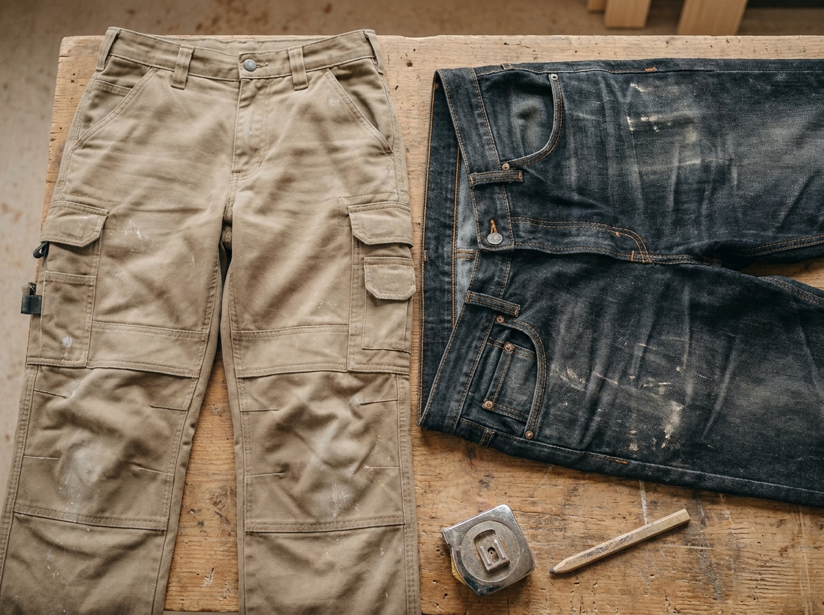 Comparatif flat-lay entre un pantalon de travail et un jean renforcé posés sur un établi en bois