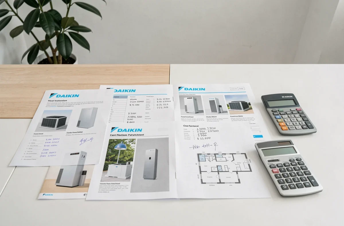 Documentation et comparatif de prix de pompes à chaleur Daikin étalés sur un bureau lors d'une consultation client