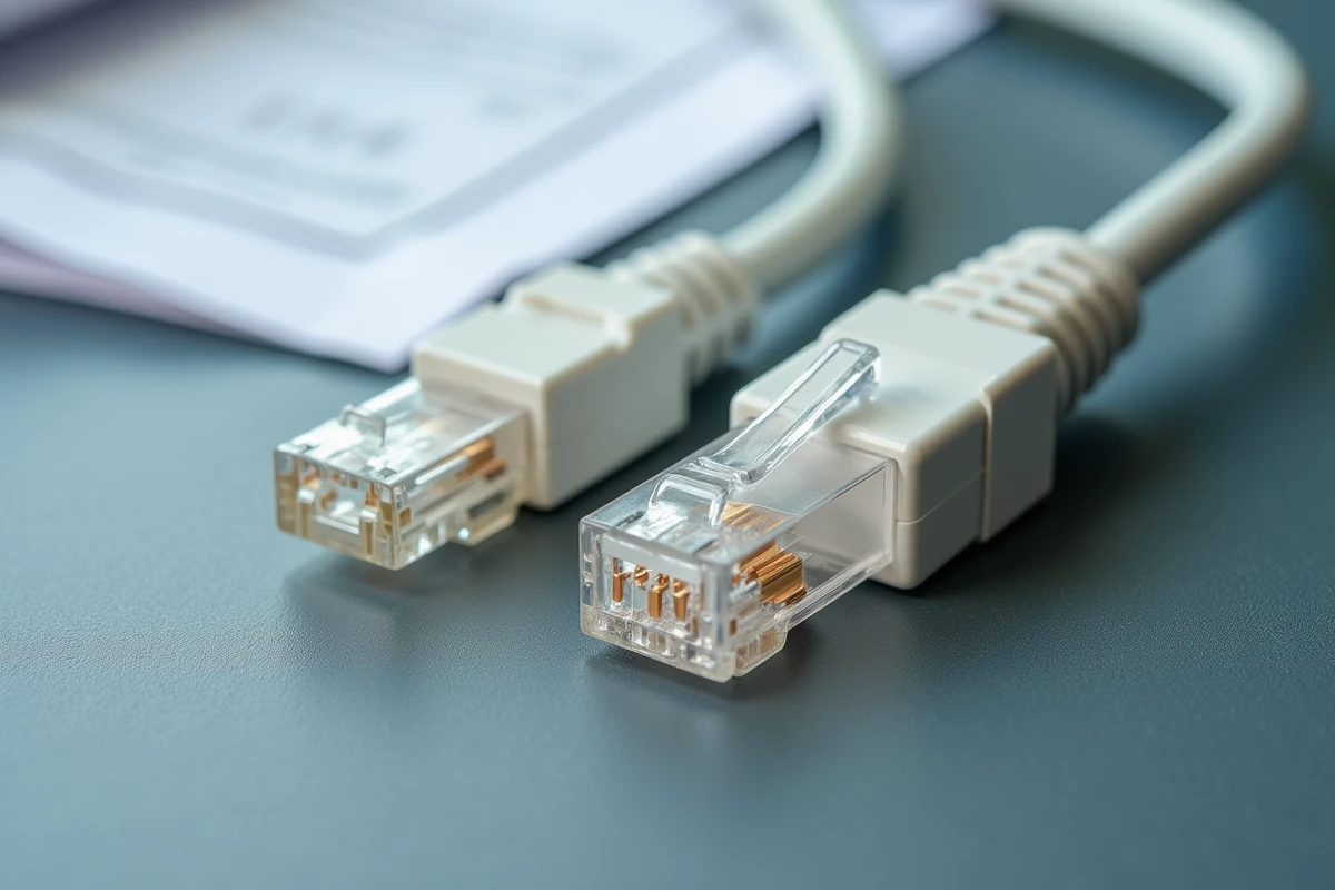 Gros plan sur des connecteurs RJ11 de câble téléphonique branchés et débranchés sur un répartiteur pour diagnostic de tonalité