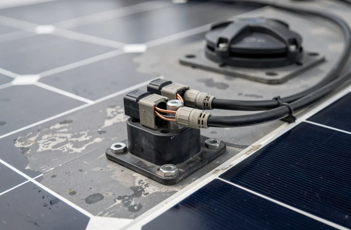 Gros plan sur les connecteurs MC4 et la boîte de jonction d'un panneau solaire semi-flexible sur toit de caravane