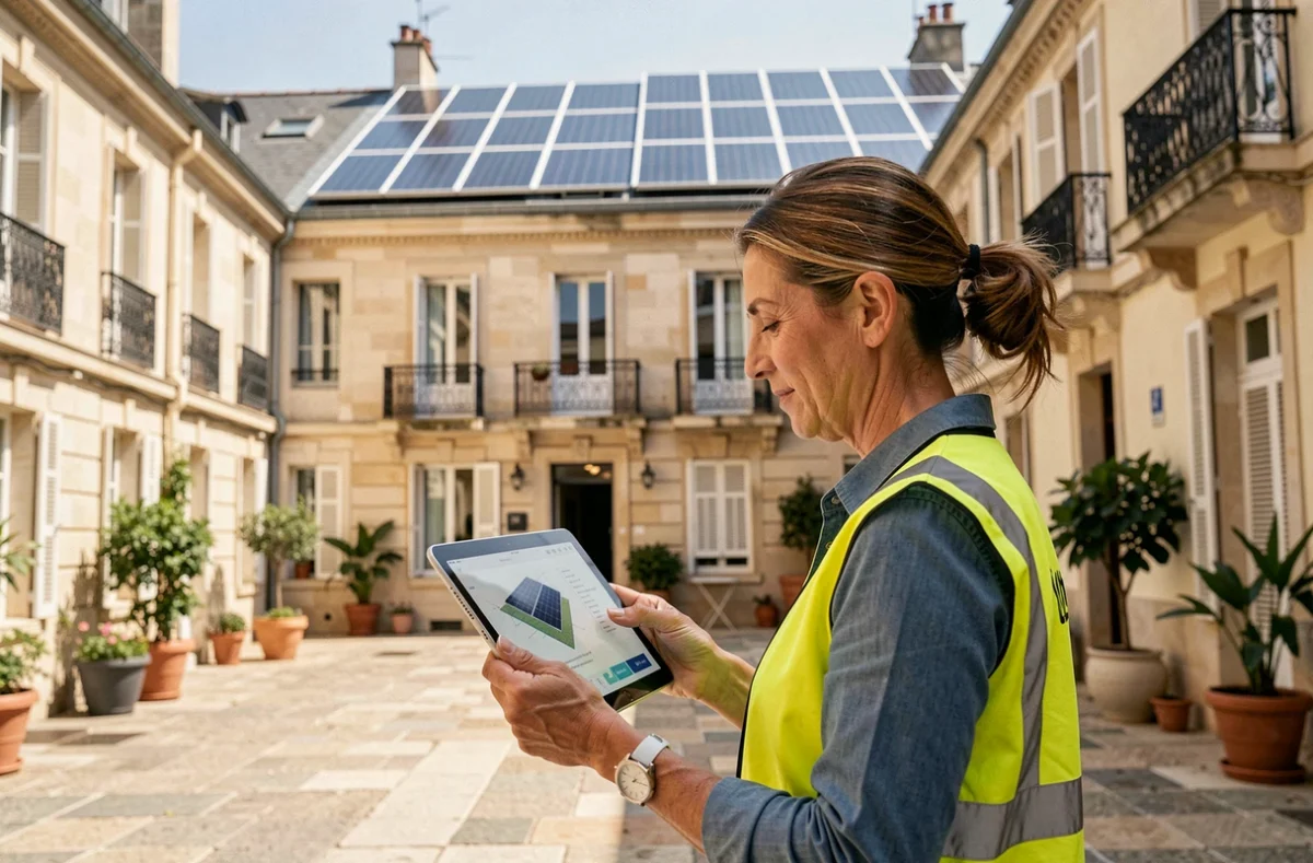 Conseillère en énergie solaire consultant un plan d'installation dans une cour d'immeuble marseillaise