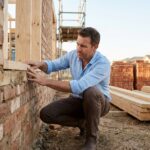 Architecte examinant une construction mixte brique et bois sur un chantier résidentiel, mettant en valeur les matériaux naturels et durables