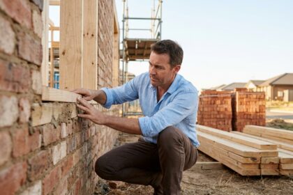 Architecte examinant une construction mixte brique et bois sur un chantier résidentiel, mettant en valeur les matériaux naturels et durables