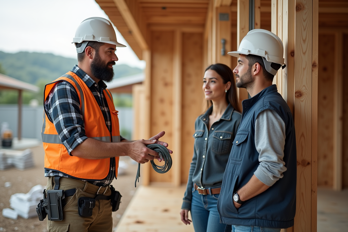 Ouvrier expliquant les conduits électriques à un couple sur un chantier