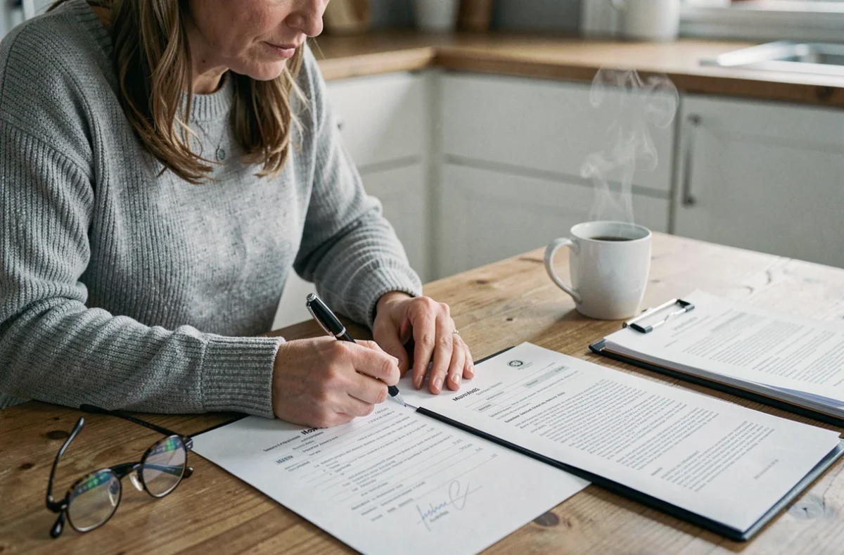 Femme lisant un contrat de déménageur agréé et des documents d'assurance avant de signer