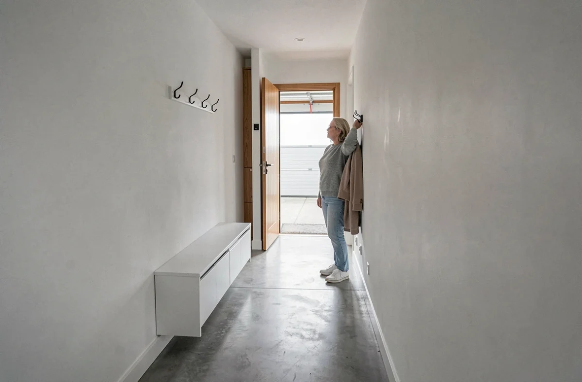 Couloir intérieur d'une maison en L reliant l'espace de vie au garage intégré