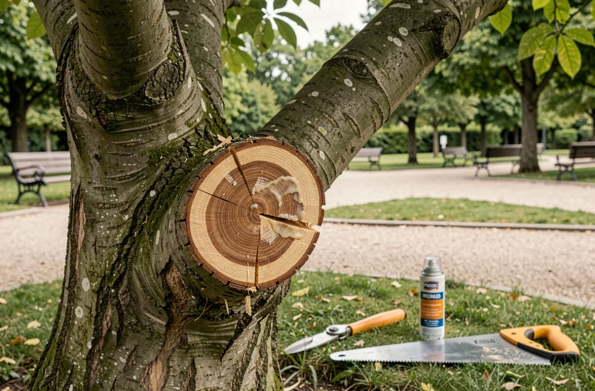 Gros plan sur des coupes d'élagage fraîches sur un tilleul avec outils professionnels posés sur l'herbe dans un parc public