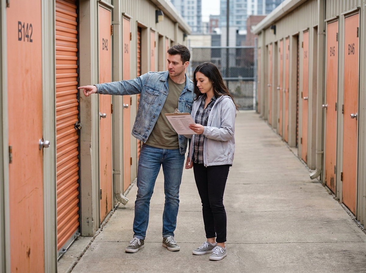 Couple comparant des unités de stockage extérieures dans un garde-meuble lors d'un déménagement