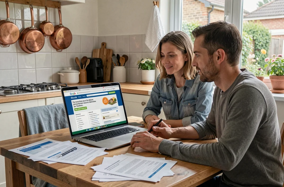 Couple consultant les aides de l'État pour financer une pompe à chaleur air-air sur leur ordinateur
