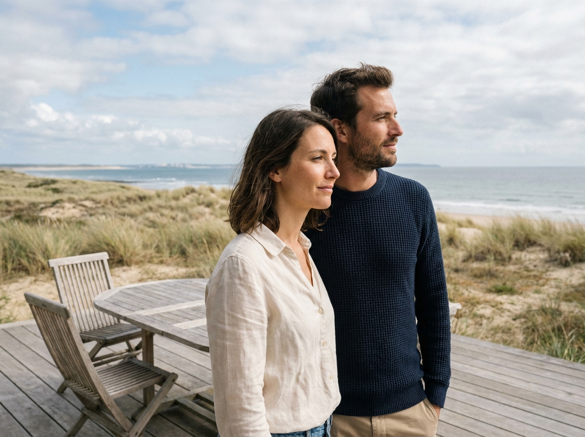 Couple devant la terrasse de leur nouvelle maison en bord de mer près de Saint-Nazaire avec vue sur l'estuaire de la Loire