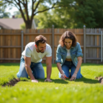 Jeune couple mesure un espace pour piscine dans leur jardin