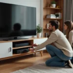 Jeune couple organise appareils media dans un salon chaleureux