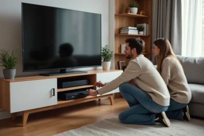 Jeune couple organise appareils media dans un salon chaleureux