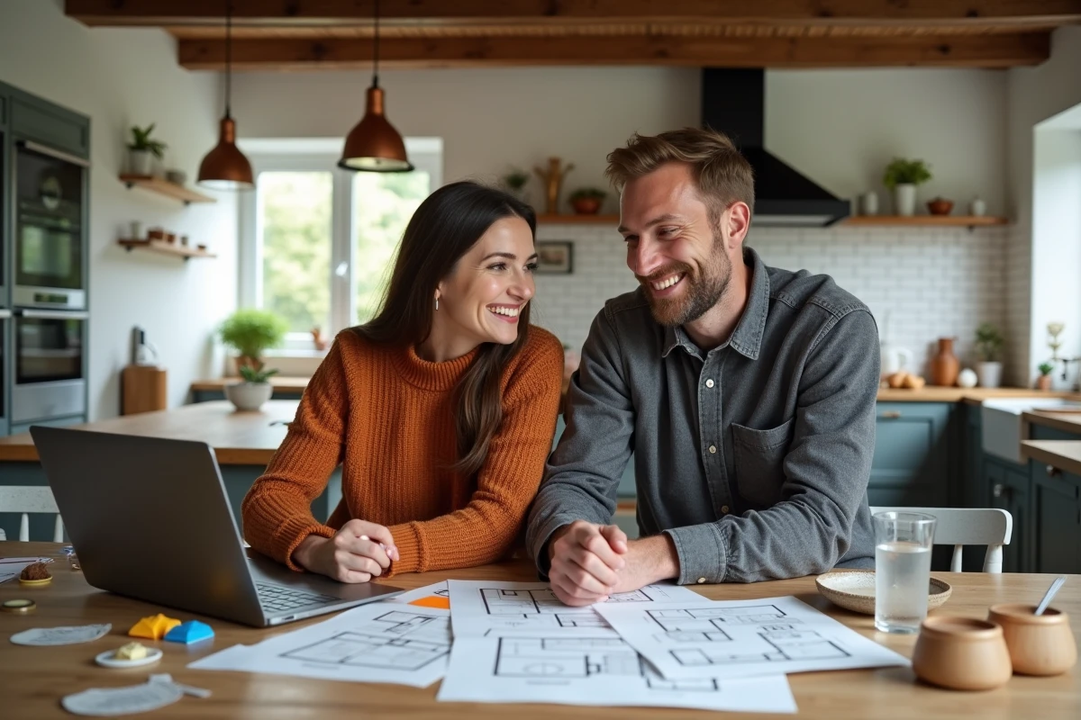 Couple planifiant la décoration de leur maison avec des échantillons et un ordinateur portable sur une table en bois rustique dans une cuisine campagnarde