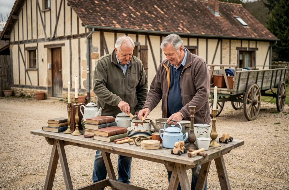 Couple disposant des objets vintage sur une table dans une ferme de l'Ain pour une brocante