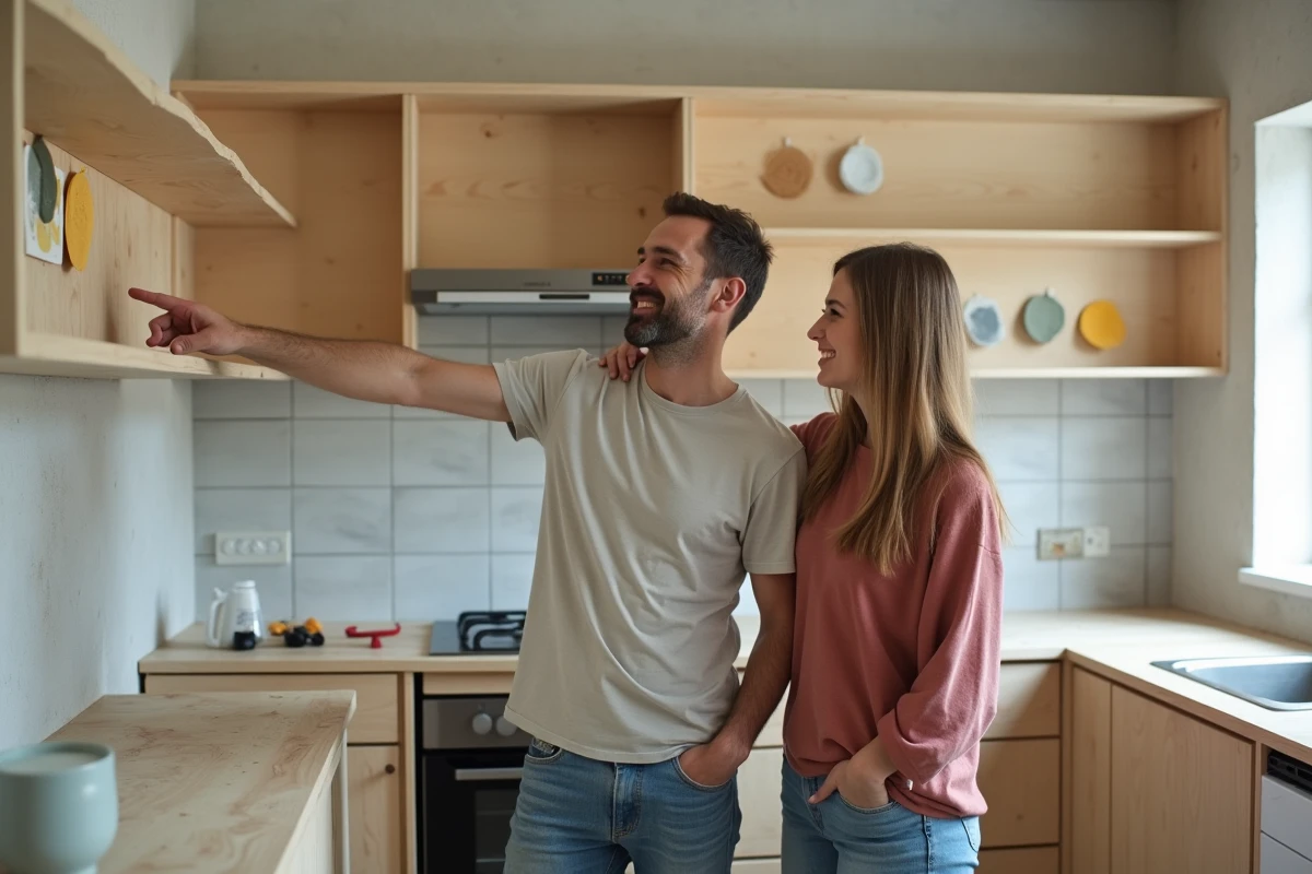 Couple dans une cuisine en cours de rénovation examinant les nouveaux aménagements et matériaux de construction