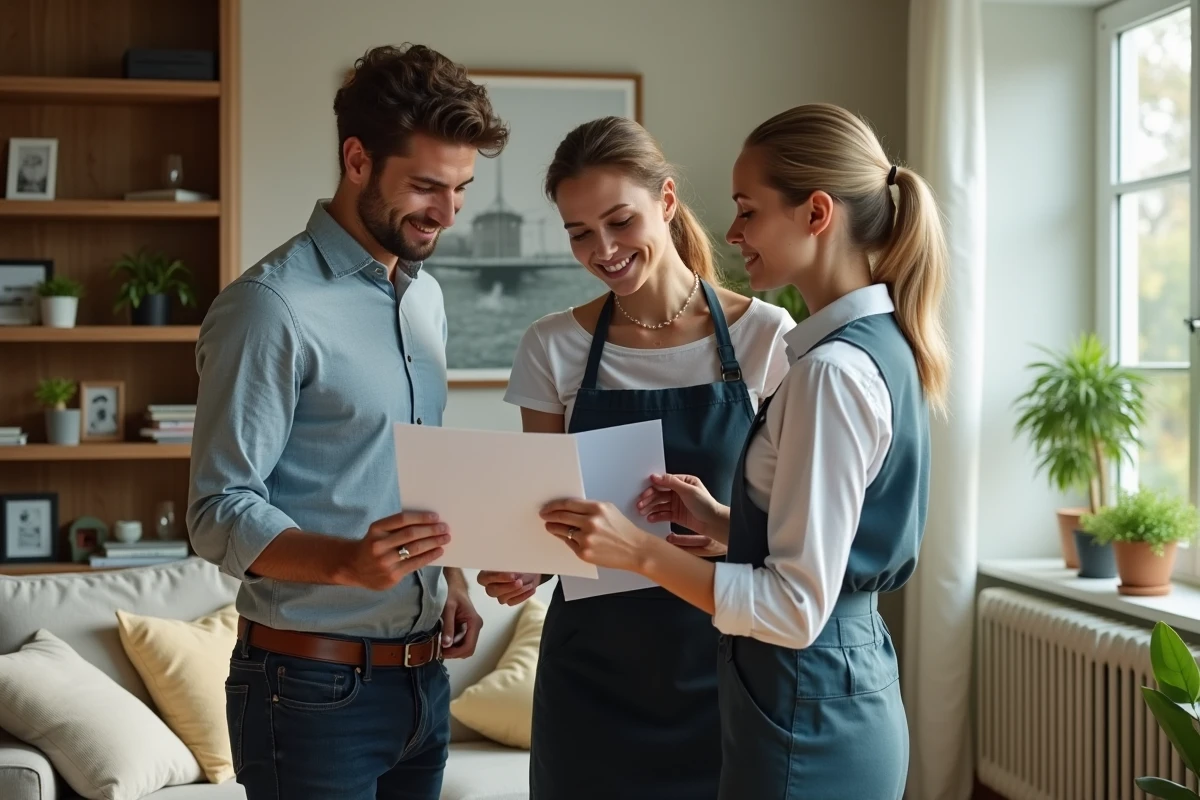 Couple et femme de ménage discutant dans un salon lumineux